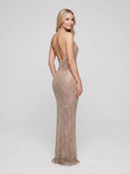 Gold Rhinestone Mesh Sheath Halter neckline Backless Floor-Length Dress - Curvevia