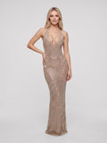 Gold Rhinestone Mesh Sheath Halter neckline Backless Floor-Length Dress - Curvevia