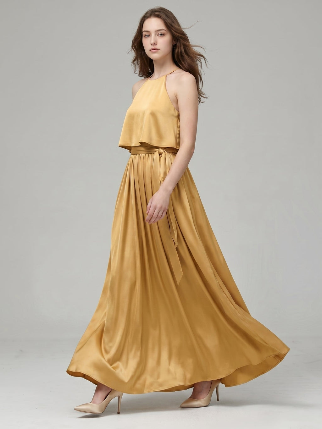 Gold Satin A-Line Halter Back Zip Ankle-Length Bridesmaid Dress with Pleats - Curvevia