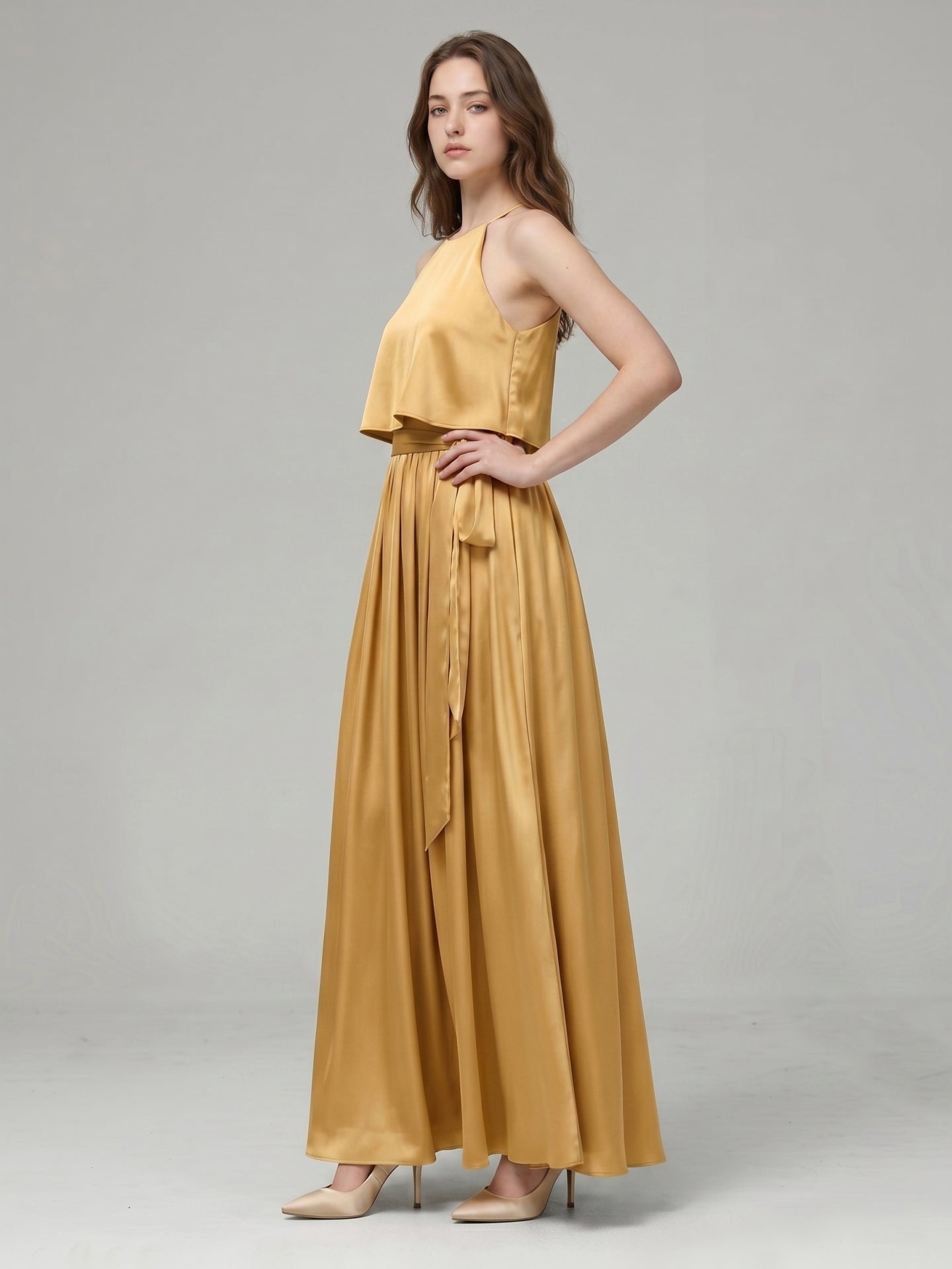 Gold Satin A-Line Halter Back Zip Ankle-Length Bridesmaid Dress with Pleats - Curvevia