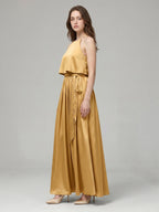 Gold Satin A-Line Halter Back Zip Ankle-Length Bridesmaid Dress with Pleats - Curvevia