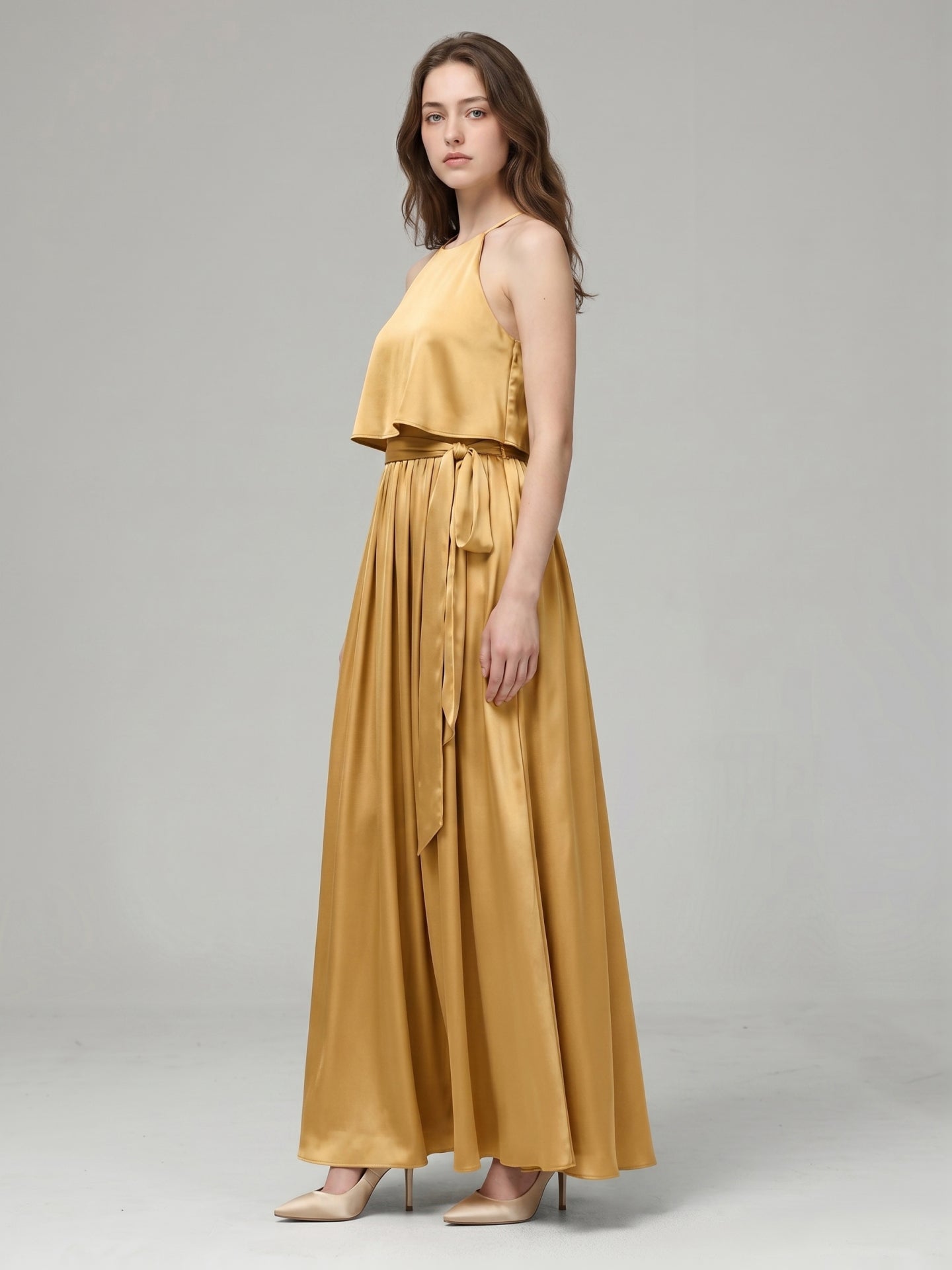 Gold Satin A-Line Halter Back Zip Ankle-Length Bridesmaid Dress with Pleats - Curvevia
