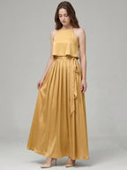 Gold Satin A-Line Halter Back Zip Ankle-Length Bridesmaid Dress with Pleats - Curvevia