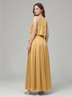 Gold Satin A-Line Halter Back Zip Ankle-Length Bridesmaid Dress with Pleats - Curvevia
