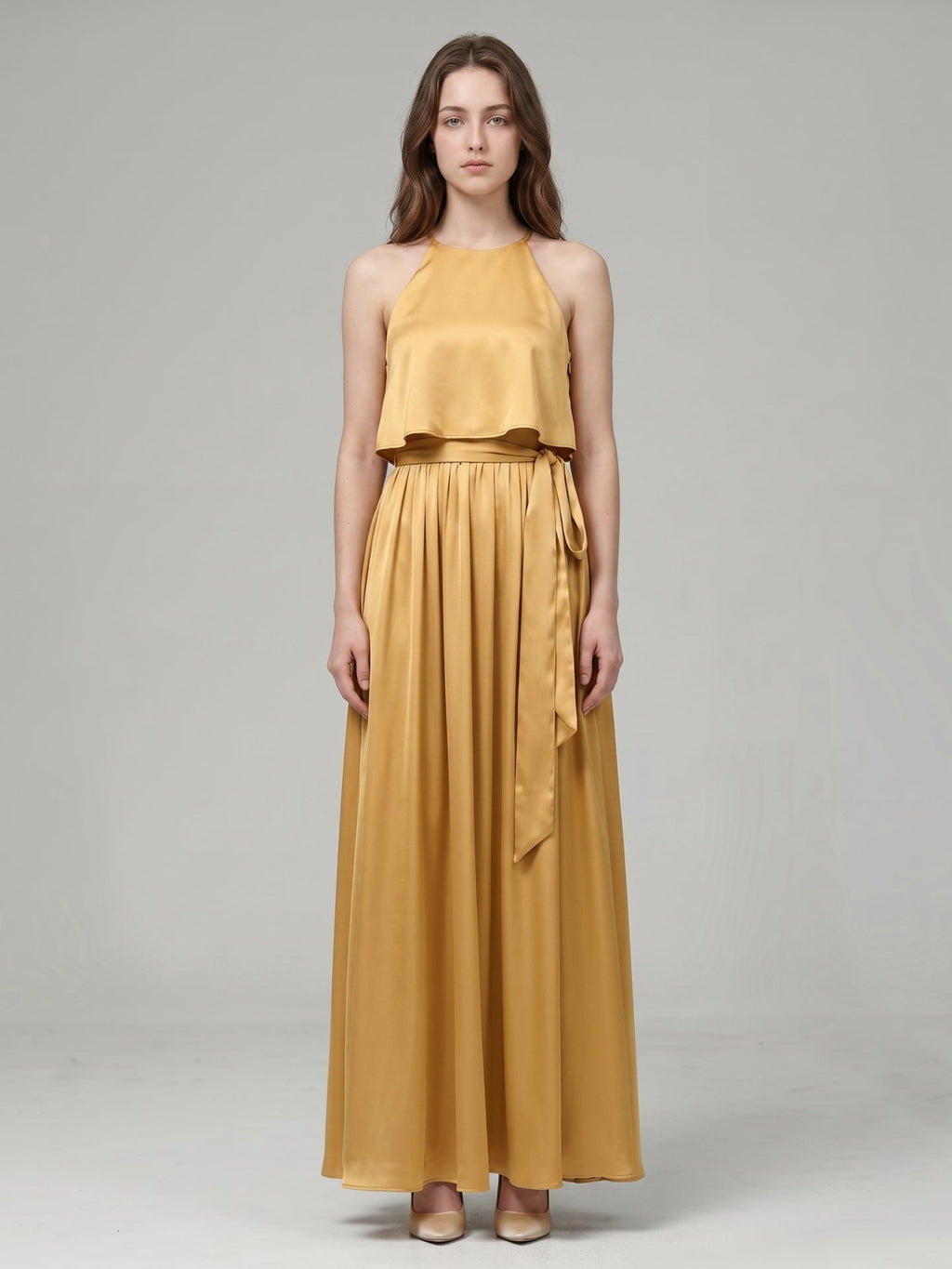 Gold Satin A-Line Halter Back Zip Ankle-Length Bridesmaid Dress with Pleats - Curvevia