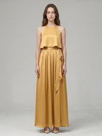 Gold Satin A-Line Halter Back Zip Ankle-Length Bridesmaid Dress with Pleats - Curvevia