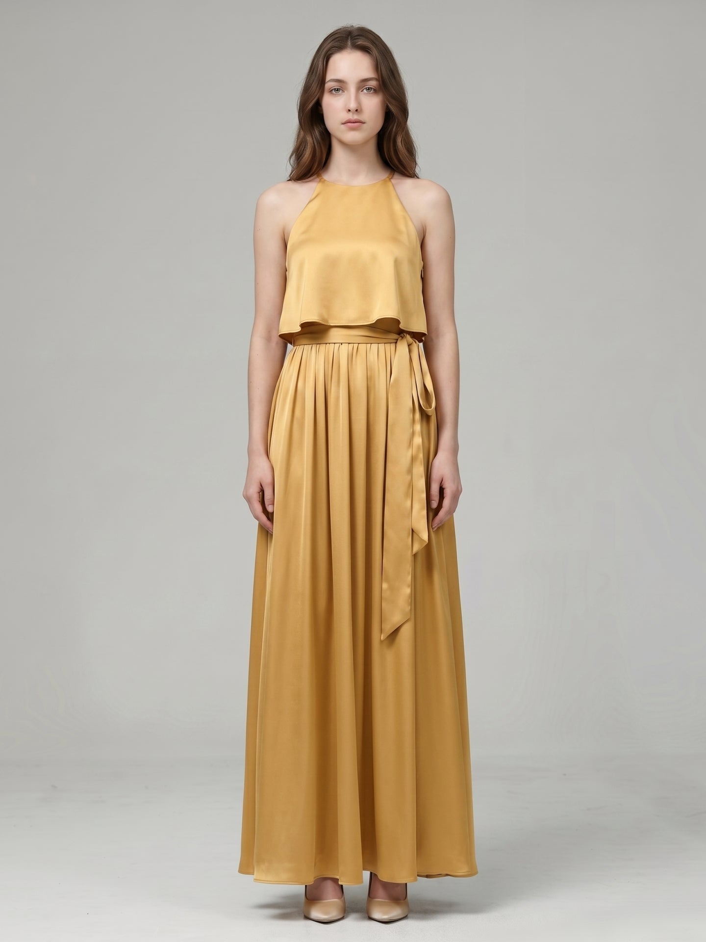 Gold Satin A-Line Halter Back Zip Ankle-Length Bridesmaid Dress with Pleats - Curvevia