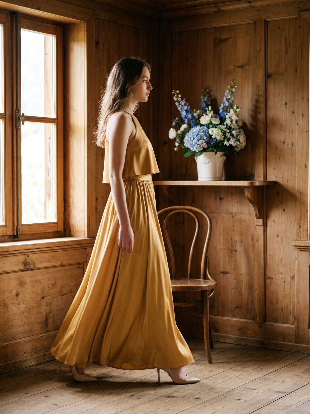 Gold Satin A-Line Halter Back Zip Ankle-Length Bridesmaid Dress with Pleats - Curvevia