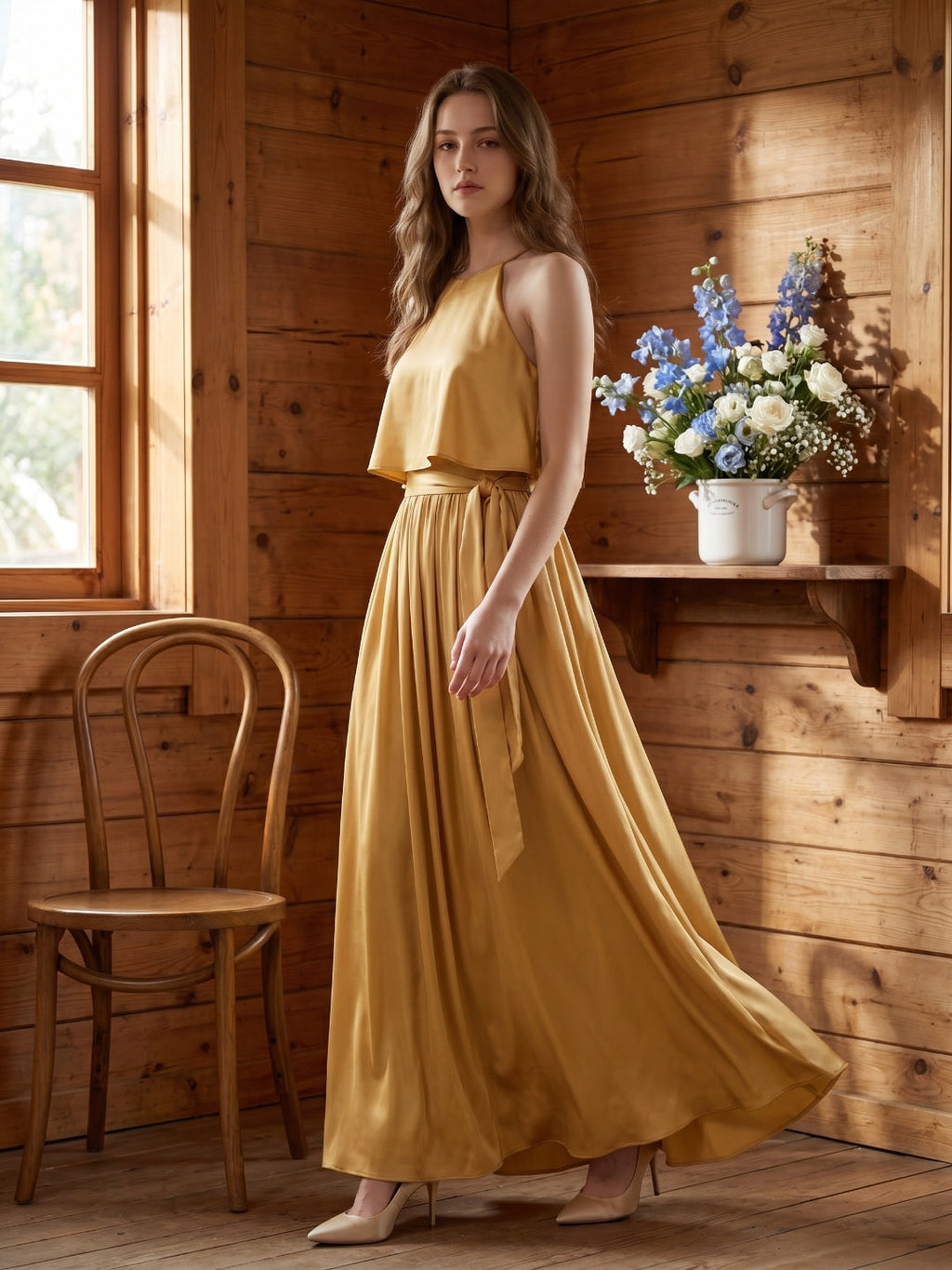 Gold Satin A-Line Halter Back Zip Ankle-Length Bridesmaid Dress with Pleats - Curvevia
