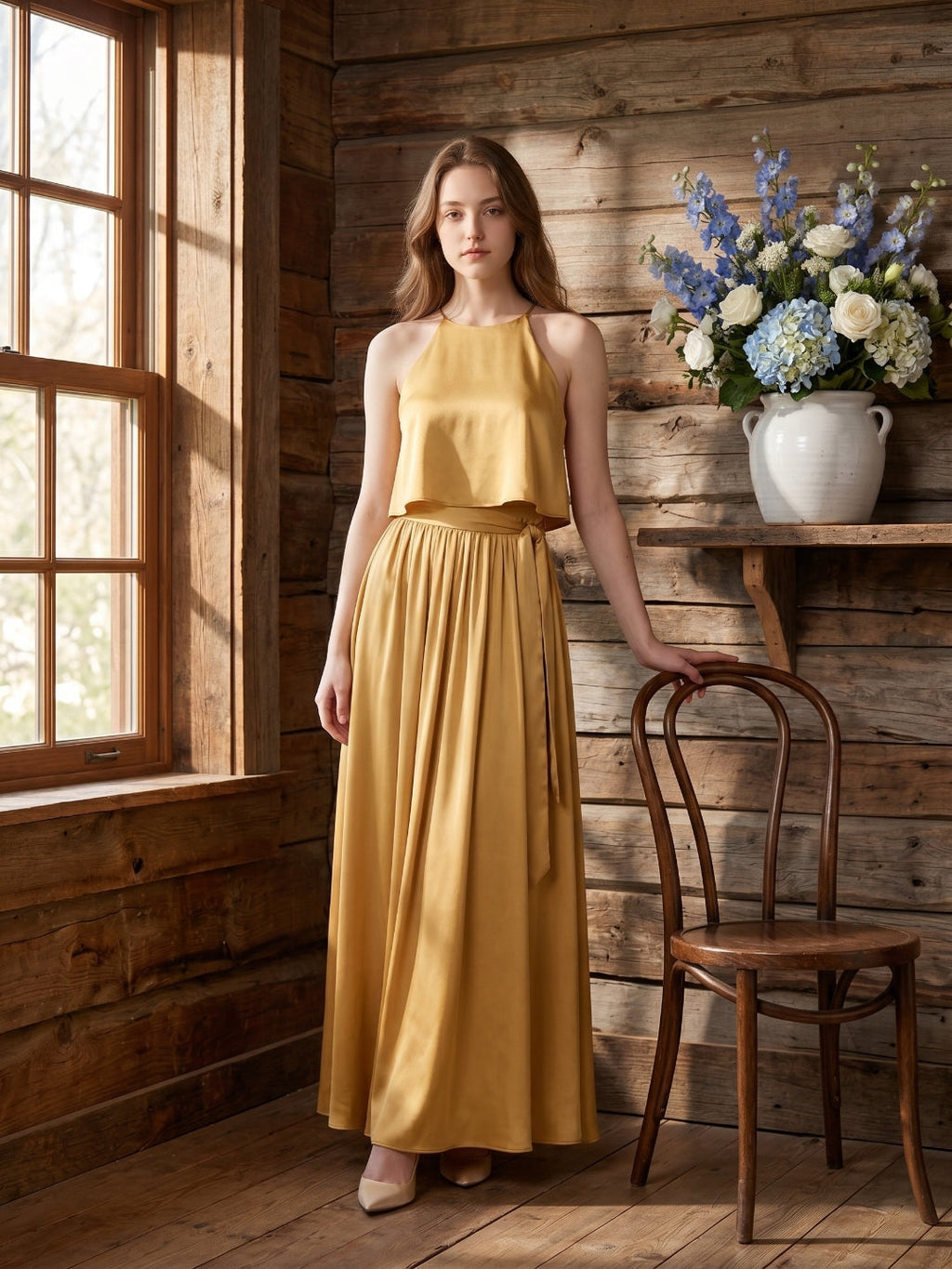 Gold Satin A-Line Halter Back Zip Ankle-Length Bridesmaid Dress with Pleats - Curvevia
