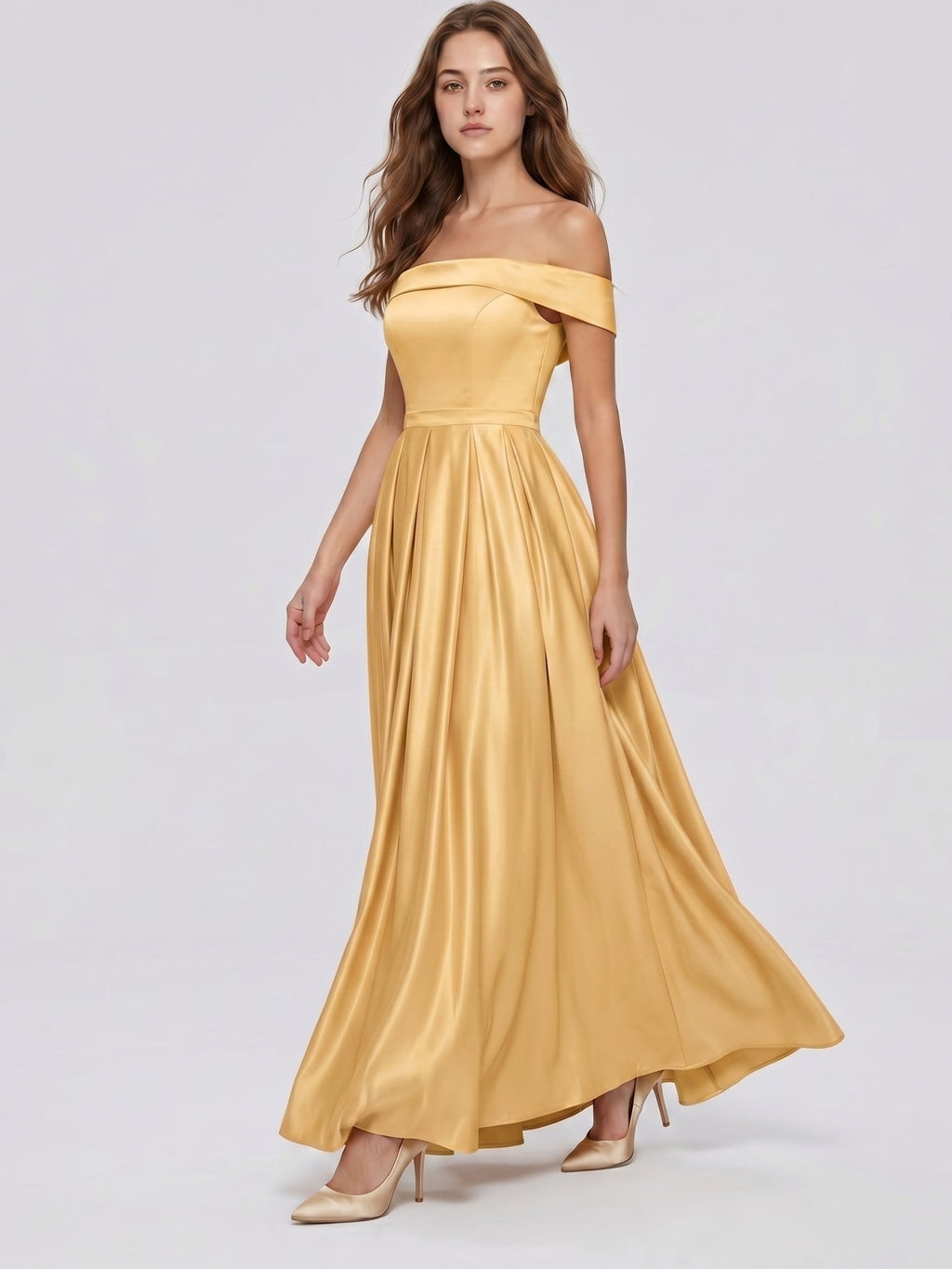 Gold Satin A-Line Off-the-Shoulder Back Zip Floor-Length Bridesmaid Dress with Pleats - Curvevia