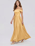 Gold Satin A-Line Off-the-Shoulder Back Zip Floor-Length Bridesmaid Dress with Pleats - Curvevia