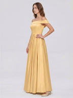 Gold Satin A-Line Off-the-Shoulder Back Zip Floor-Length Bridesmaid Dress with Pleats - Curvevia