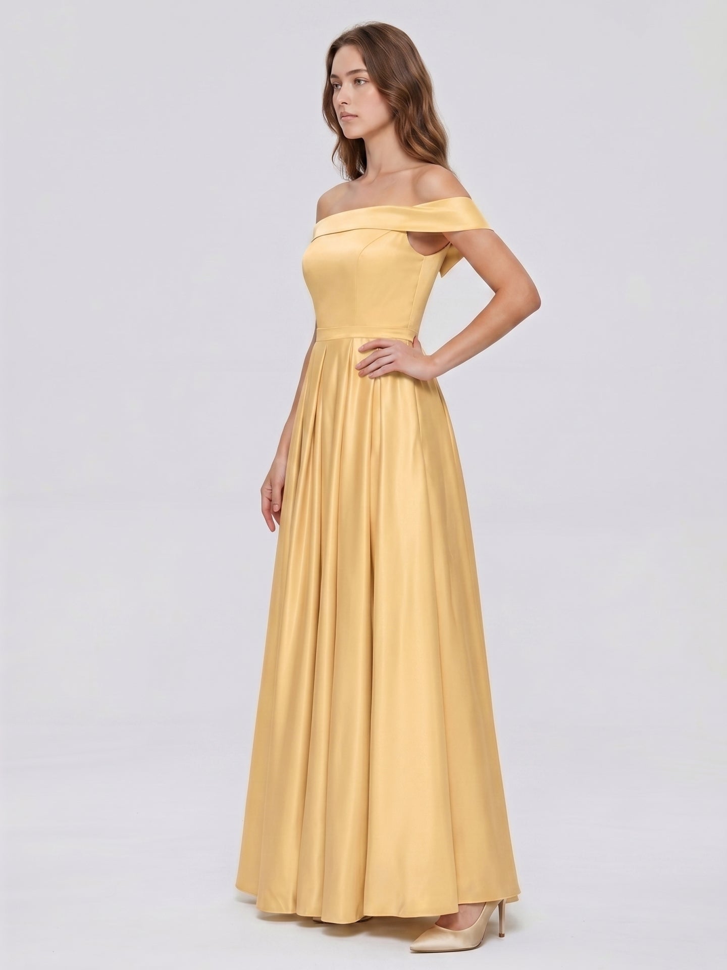 Gold Satin A-Line Off-the-Shoulder Back Zip Floor-Length Bridesmaid Dress with Pleats - Curvevia