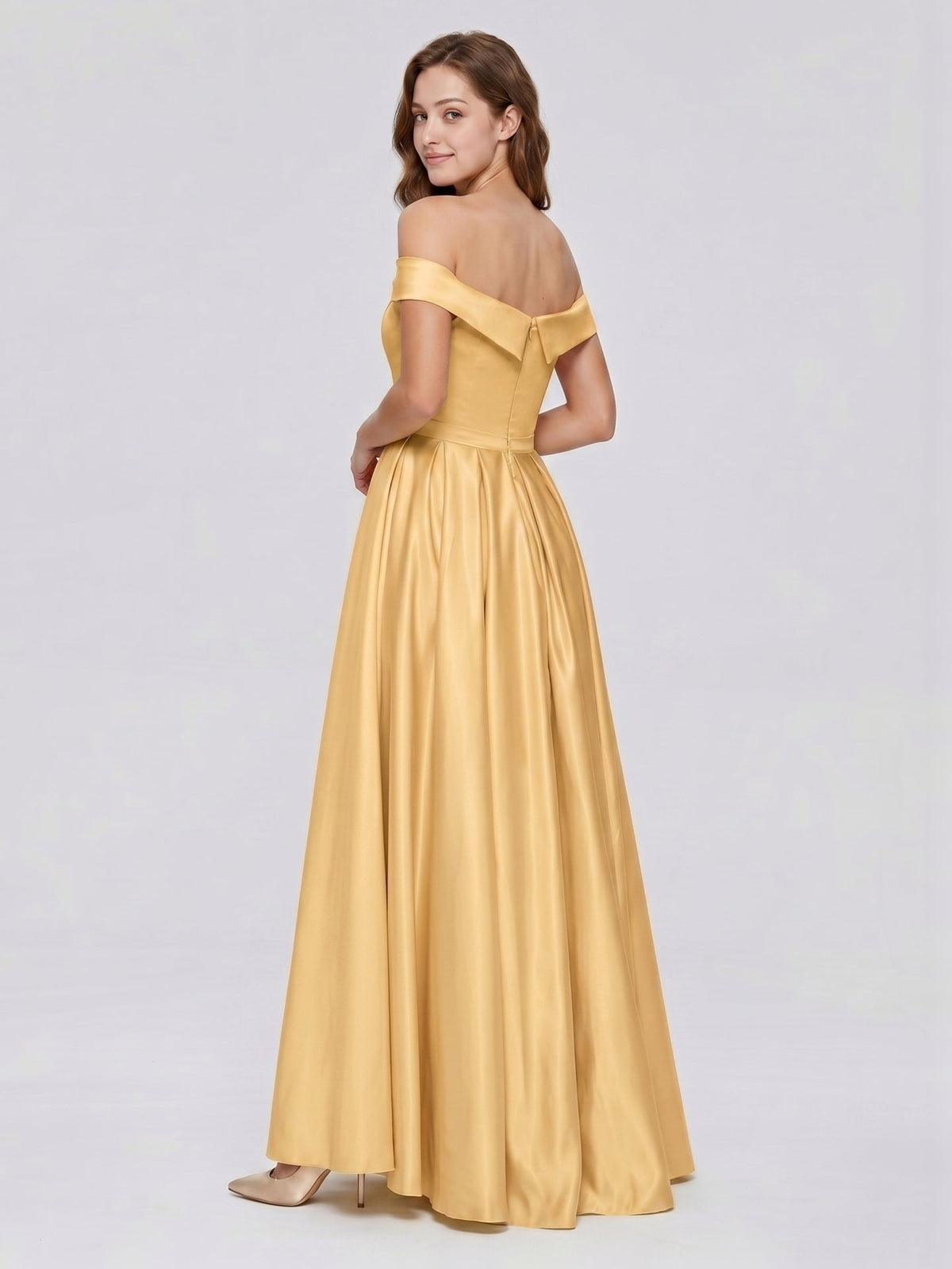 Gold Satin A-Line Off-the-Shoulder Back Zip Floor-Length Bridesmaid Dress with Pleats - Curvevia