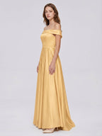 Gold Satin A-Line Off-the-Shoulder Back Zip Floor-Length Bridesmaid Dress with Pleats - Curvevia