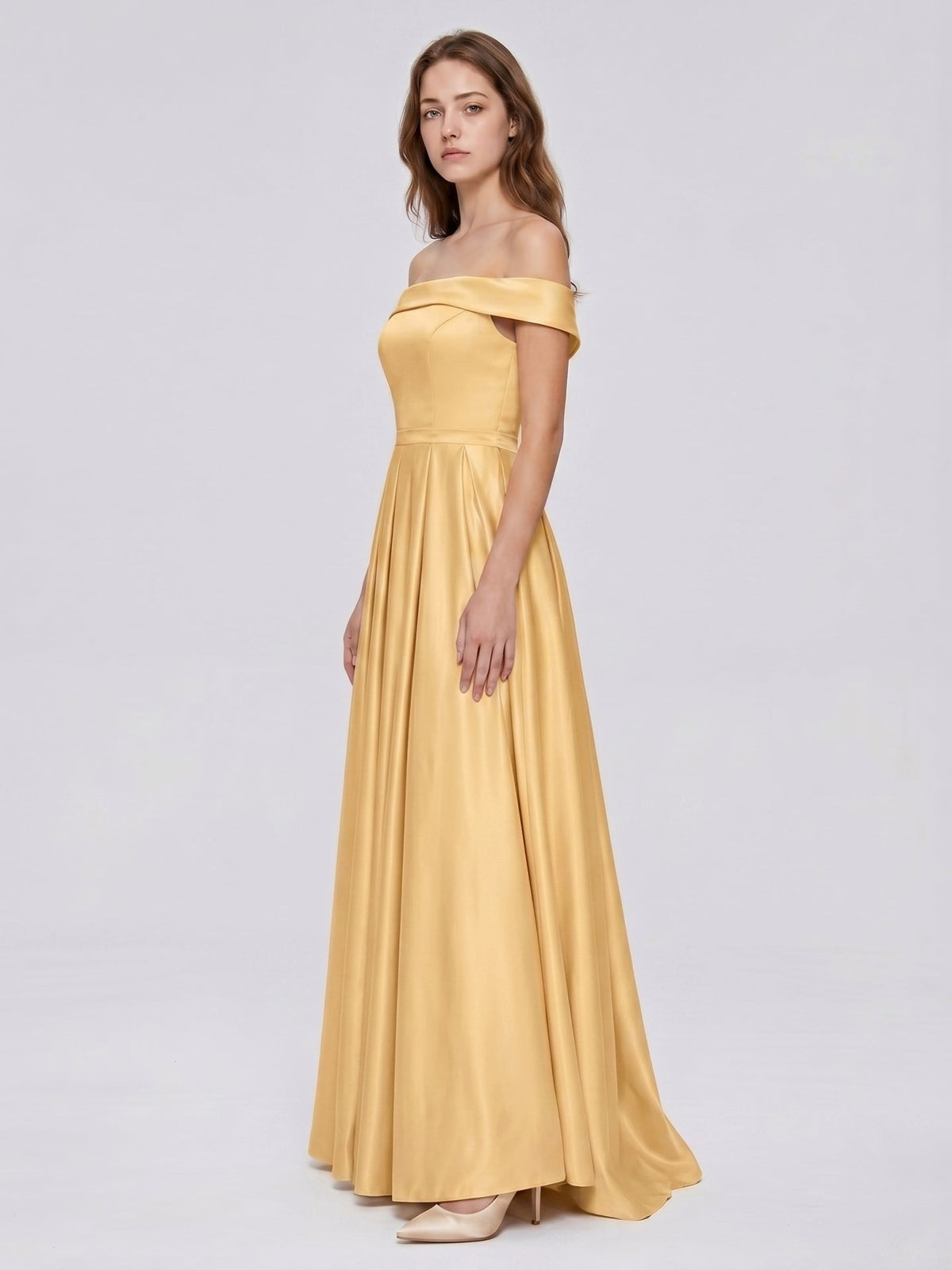 Gold Satin A-Line Off-the-Shoulder Back Zip Floor-Length Bridesmaid Dress with Pleats - Curvevia