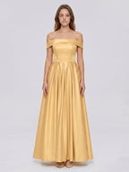 Gold Satin A-Line Off-the-Shoulder Back Zip Floor-Length Bridesmaid Dress with Pleats - Curvevia