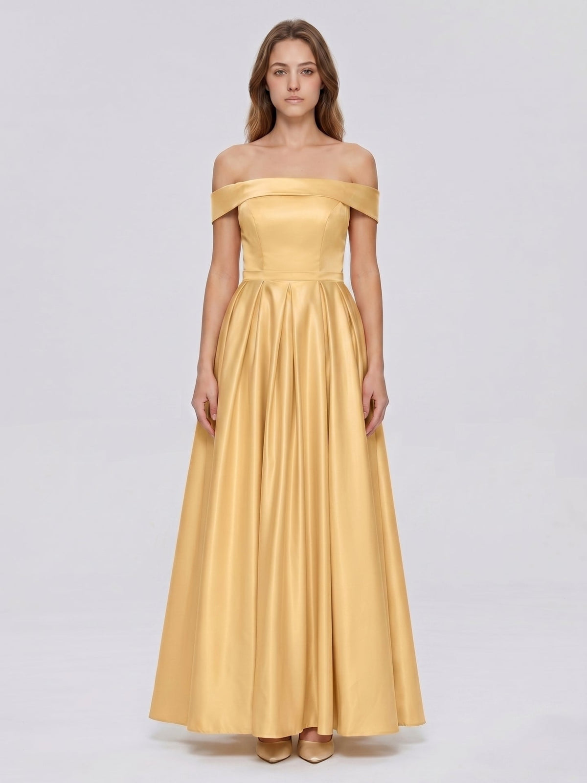 Gold Satin A-Line Off-the-Shoulder Back Zip Floor-Length Bridesmaid Dress with Pleats - Curvevia