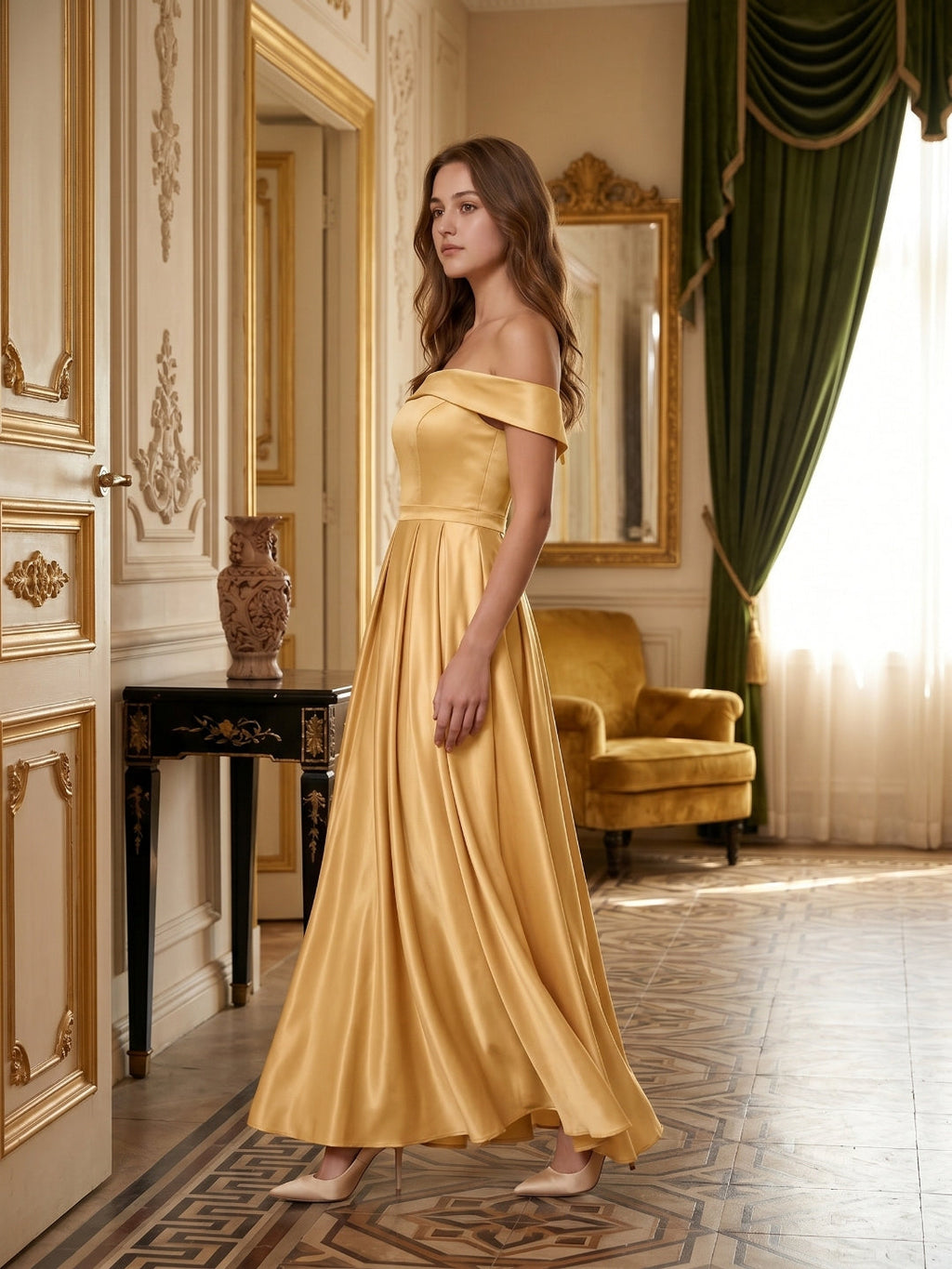 Gold Satin A-Line Off-the-Shoulder Back Zip Floor-Length Bridesmaid Dress with Pleats - Curvevia