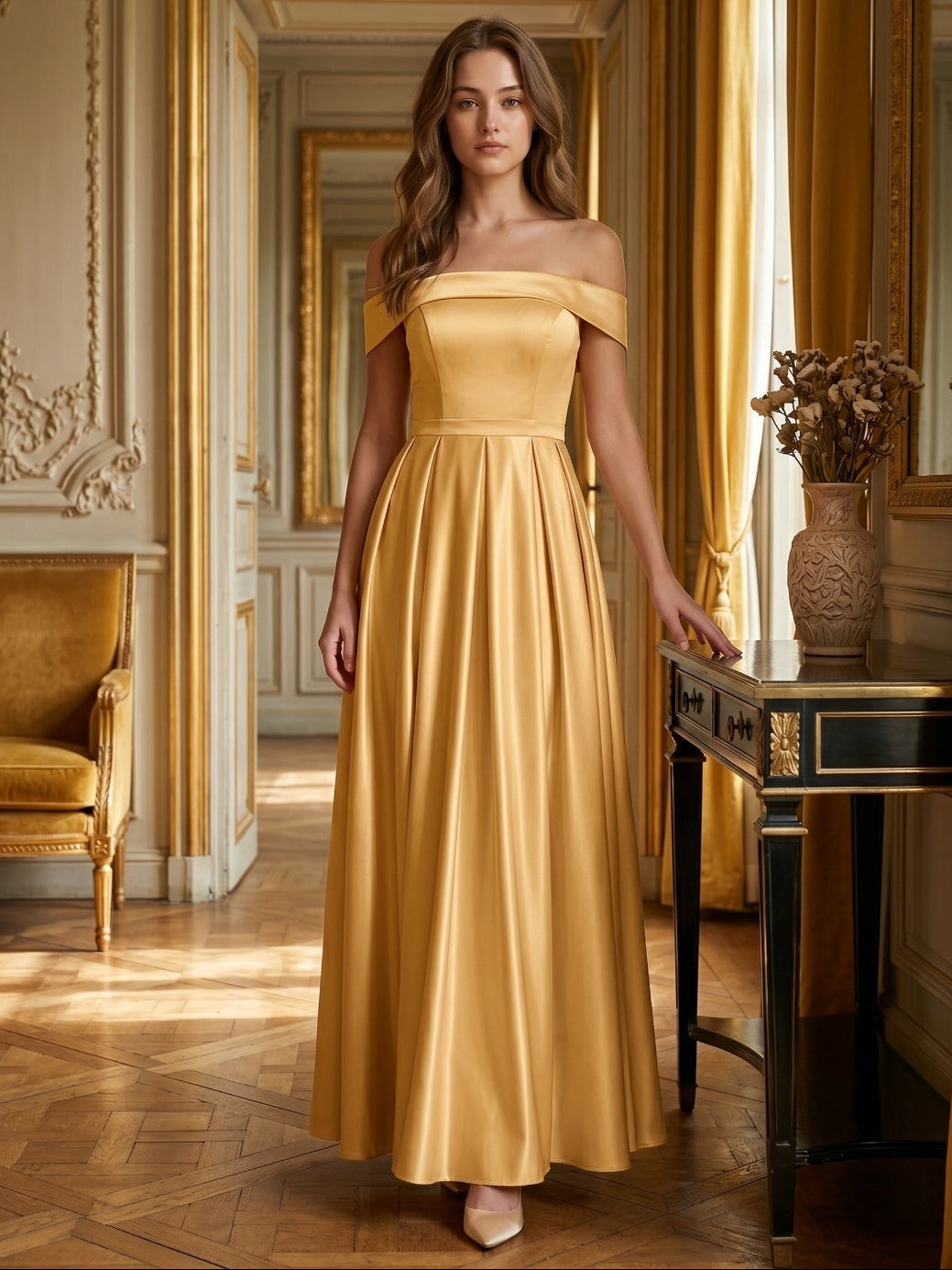 Gold Satin A-Line Off-the-Shoulder Back Zip Floor-Length Bridesmaid Dress with Pleats - Curvevia