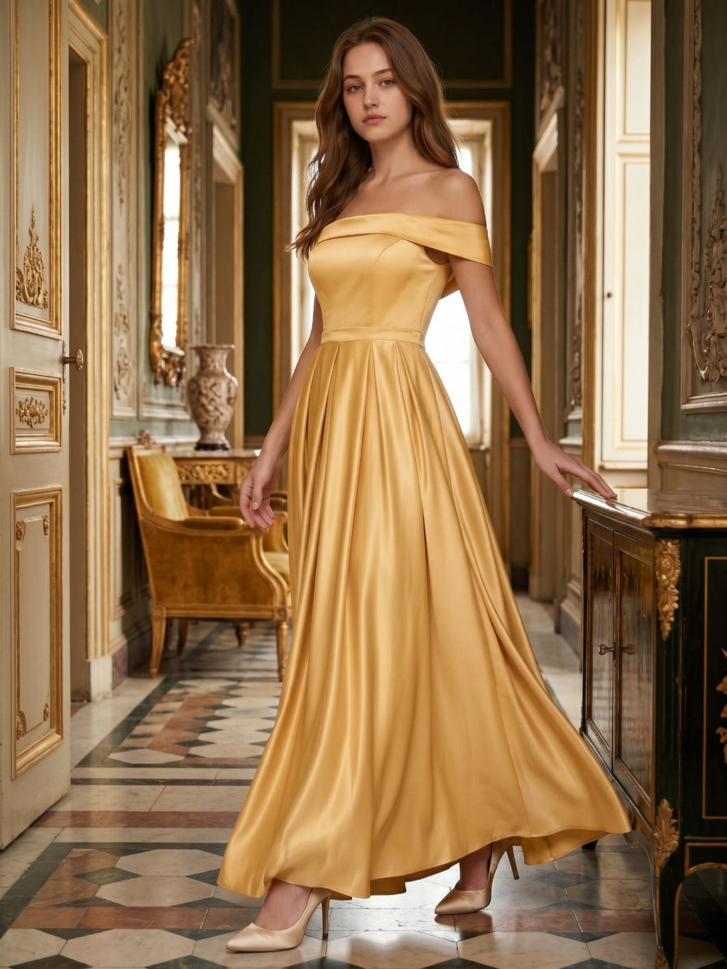 Gold Satin A-Line Off-the-Shoulder Back Zip Floor-Length Bridesmaid Dress with Pleats - Curvevia