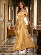 Gold Satin A-Line Off-the-Shoulder Back Zip Floor-Length Bridesmaid Dress with Pleats - Curvevia