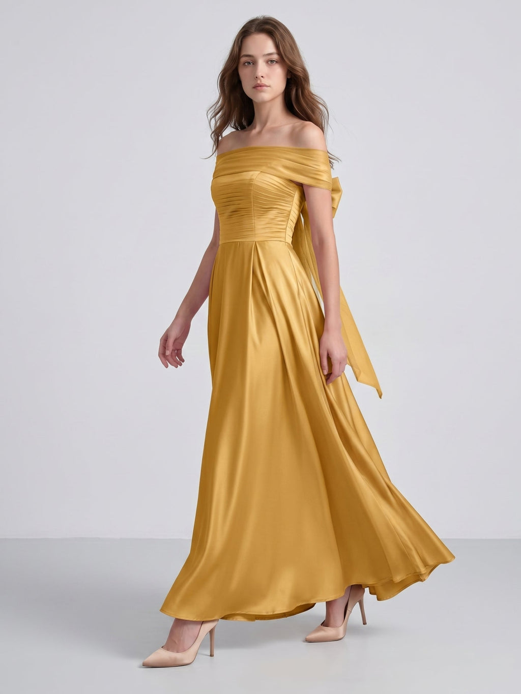 Gold Satin A-Line Off-the-Shoulder Bow Floor-Length Bridesmaid Dress with Pleats - Curvevia