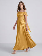 Gold Satin A-Line Off-the-Shoulder Bow Floor-Length Bridesmaid Dress with Pleats - Curvevia