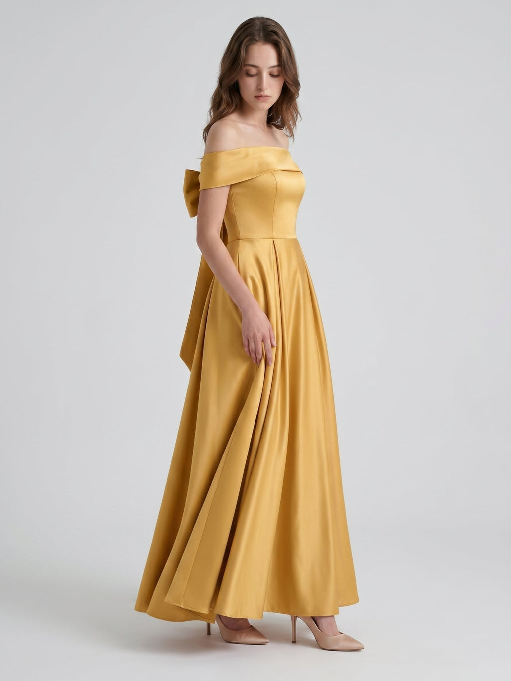 Gold Satin A-Line Off-the-Shoulder Bow Floor-Length Bridesmaid Dress with Pleats - Curvevia