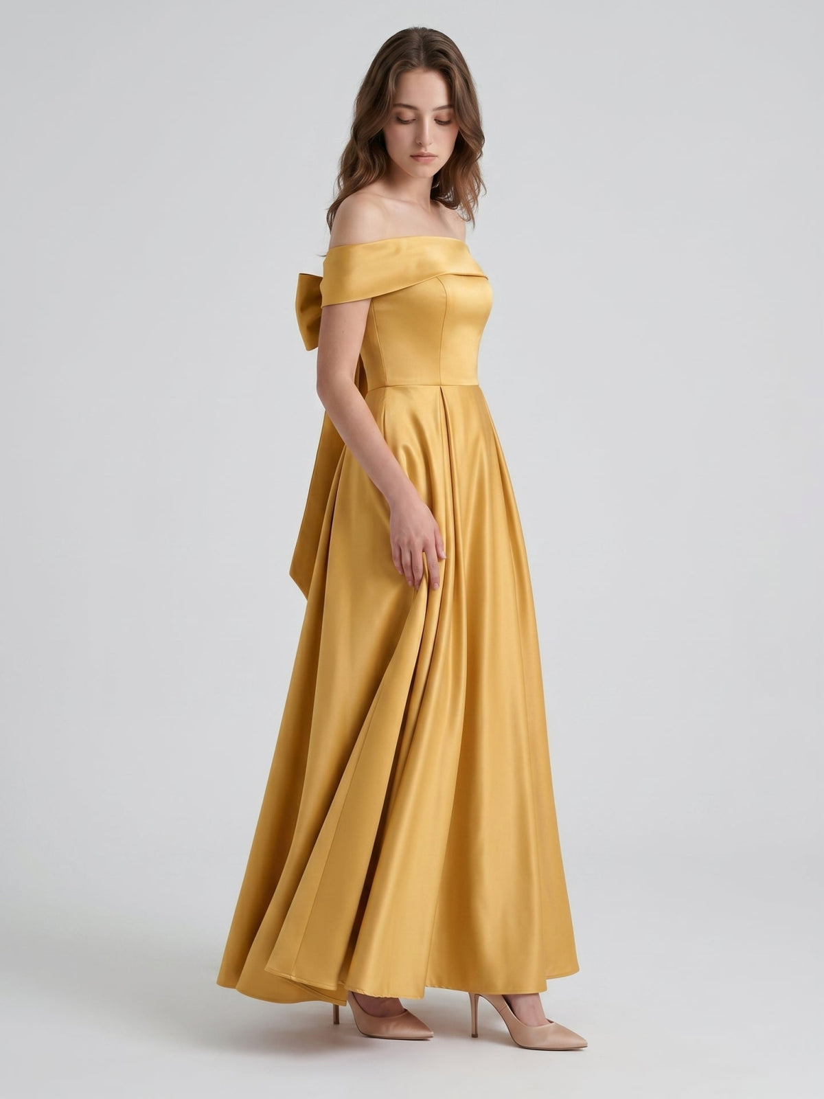 Gold Satin A-Line Off-the-Shoulder Bow Floor-Length Bridesmaid Dress with Pleats - Curvevia
