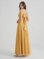 Gold Satin A-Line Off-the-Shoulder Bow Floor-Length Bridesmaid Dress with Pleats - Curvevia