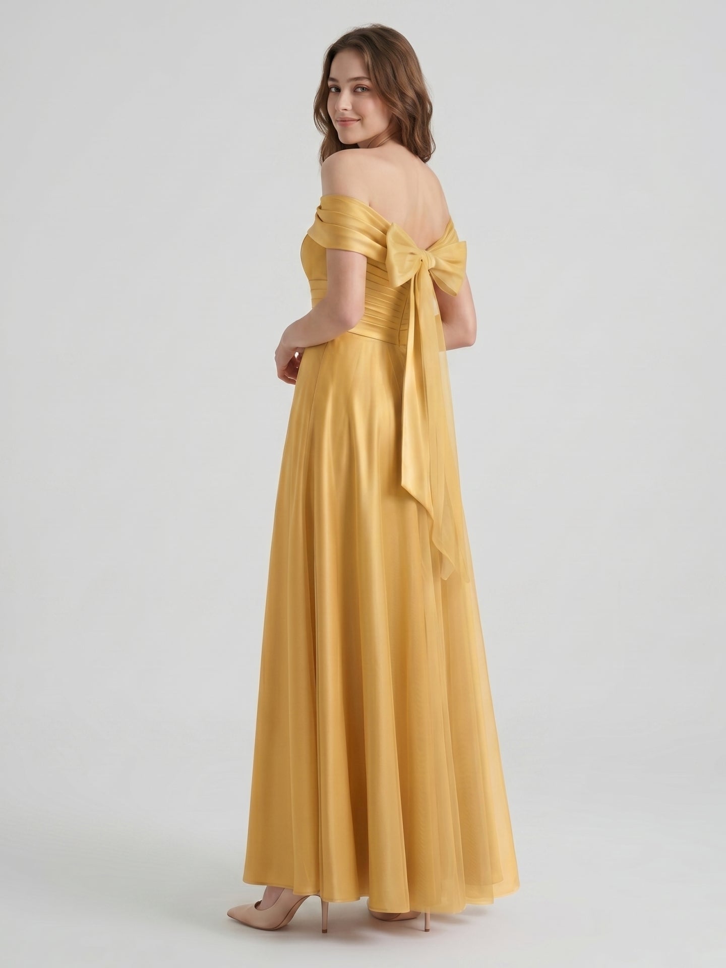 Gold Satin A-Line Off-the-Shoulder Bow Floor-Length Bridesmaid Dress with Pleats - Curvevia