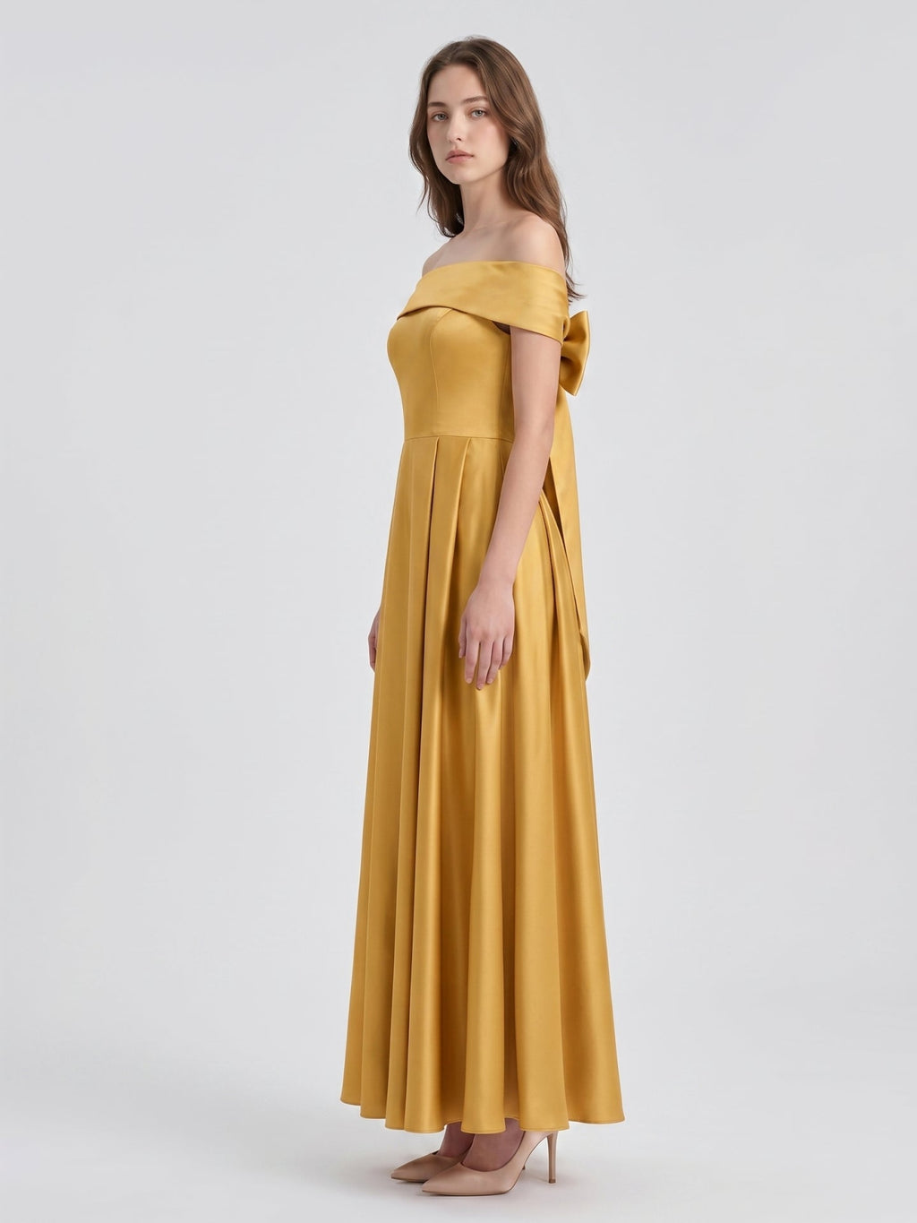 Gold Satin A-Line Off-the-Shoulder Bow Floor-Length Bridesmaid Dress with Pleats - Curvevia