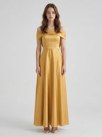 Gold Satin A-Line Off-the-Shoulder Bow Floor-Length Bridesmaid Dress with Pleats - Curvevia