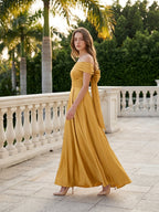 Gold Satin A-Line Off-the-Shoulder Bow Floor-Length Bridesmaid Dress with Pleats - Curvevia