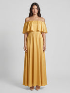 Gold Satin A-Line Off-the-Shoulder Side Zip Floor-Length Bridesmaid Dress with Ruffles - Curvevia