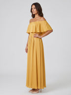Gold Satin A-Line Off-the-Shoulder Side Zip Floor-Length Bridesmaid Dress with Ruffles - Curvevia
