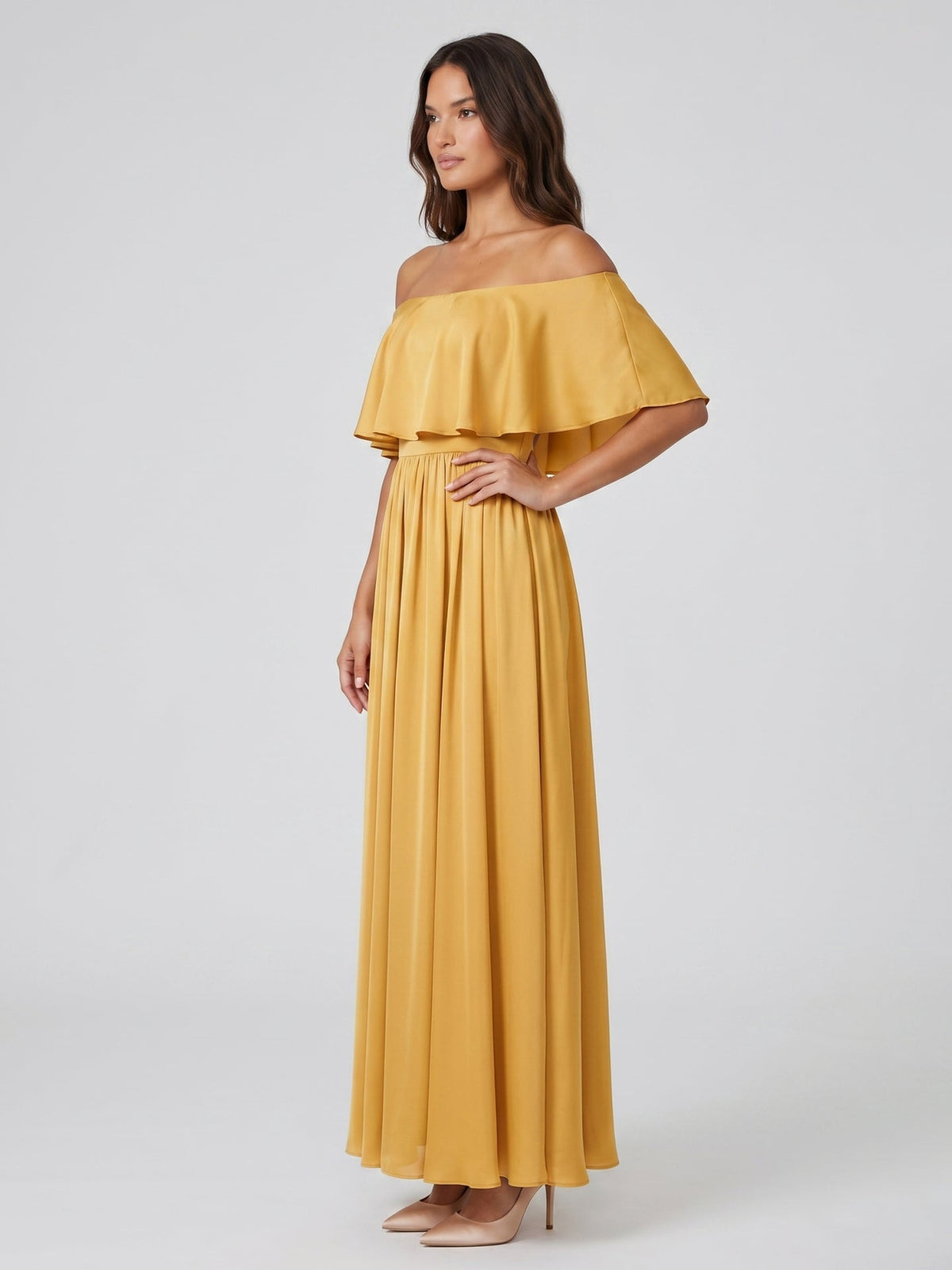 Gold Satin A-Line Off-the-Shoulder Side Zip Floor-Length Bridesmaid Dress with Ruffles - Curvevia