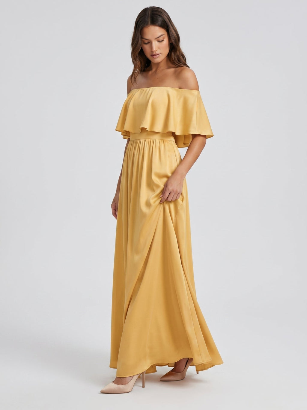 Gold Satin A-Line Off-the-Shoulder Side Zip Floor-Length Bridesmaid Dress with Ruffles - Curvevia