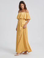 Gold Satin A-Line Off-the-Shoulder Side Zip Floor-Length Bridesmaid Dress with Ruffles - Curvevia