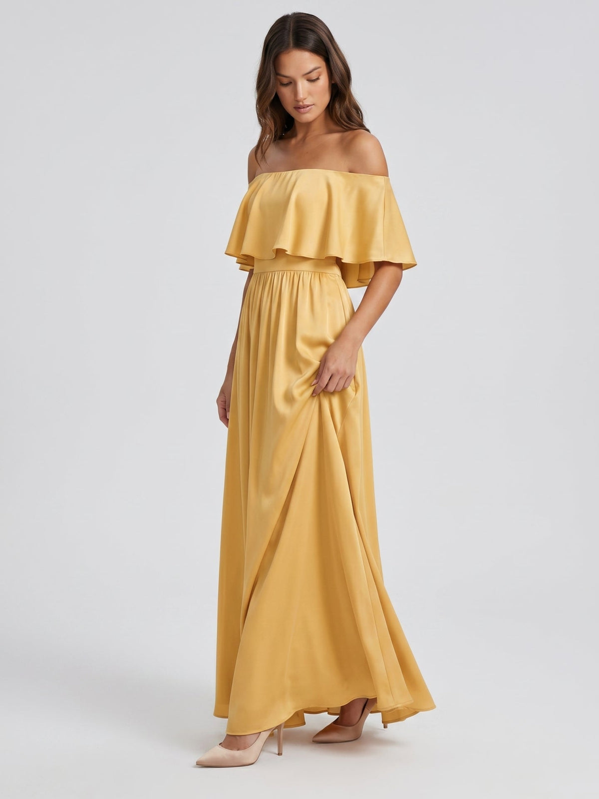 Gold Satin A-Line Off-the-Shoulder Side Zip Floor-Length Bridesmaid Dress with Ruffles - Curvevia
