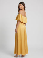 Gold Satin A-Line Off-the-Shoulder Side Zip Floor-Length Bridesmaid Dress with Ruffles - Curvevia
