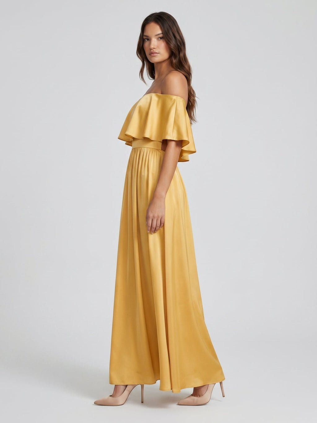Gold Satin A-Line Off-the-Shoulder Side Zip Floor-Length Bridesmaid Dress with Ruffles - Curvevia