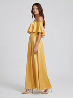 Gold Satin A-Line Off-the-Shoulder Side Zip Floor-Length Bridesmaid Dress with Ruffles - Curvevia