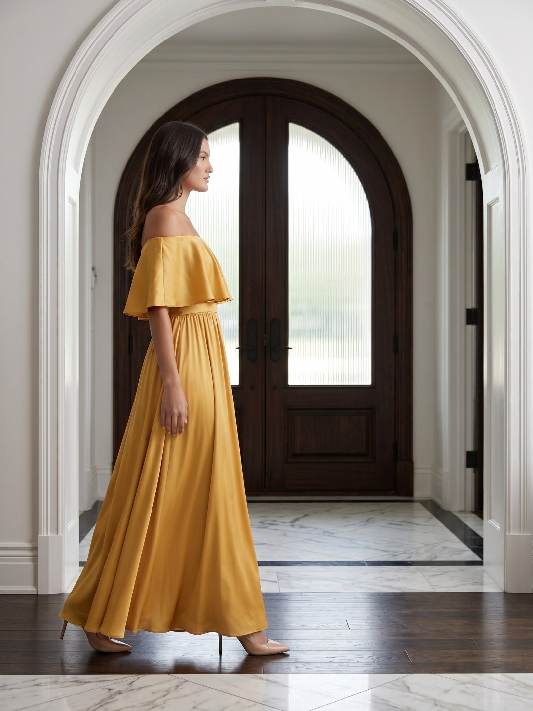 Gold Satin A-Line Off-the-Shoulder Side Zip Floor-Length Bridesmaid Dress with Ruffles - Curvevia