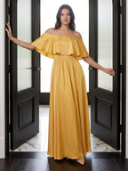 Gold Satin A-Line Off-the-Shoulder Side Zip Floor-Length Bridesmaid Dress with Ruffles - Curvevia