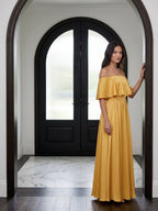 Gold Satin A-Line Off-the-Shoulder Side Zip Floor-Length Bridesmaid Dress with Ruffles - Curvevia