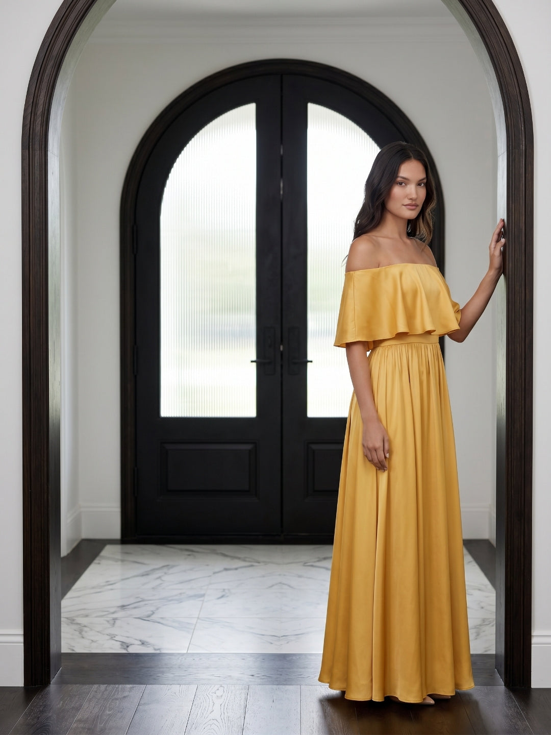 Gold Satin A-Line Off-the-Shoulder Side Zip Floor-Length Bridesmaid Dress with Ruffles - Curvevia
