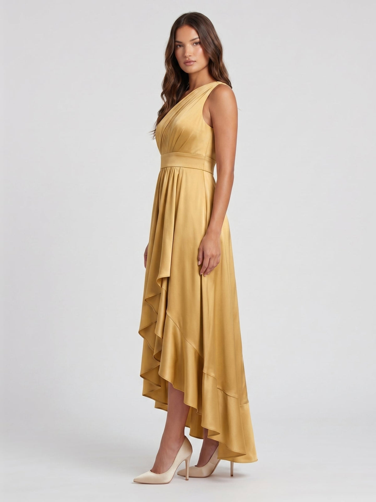 Gold Satin A-Line One Shoulder Backless Asymmetrical Bridesmaid Dress with Pleats - Curvevia